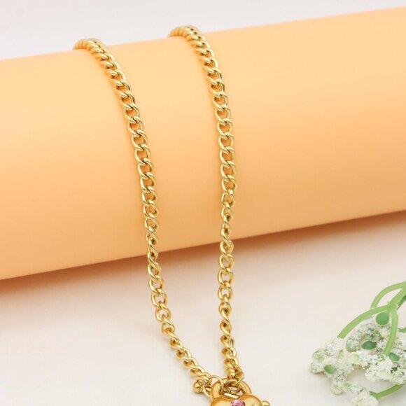 Chunky Gold Chain Necklace with Heart Pendant and Pink Stone, XPNL0372 - Picture 10 of 13